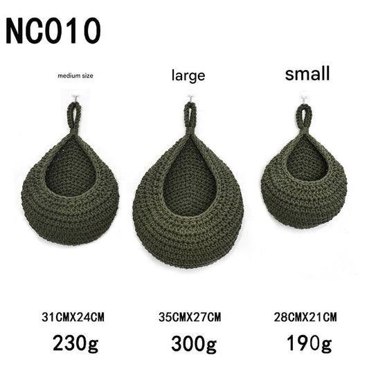 Green 3-Piece Wall-Mounted Cotton Rope Storage Baskets – Large, Medium, and Small Hand-Woven Fruit/Vegetable/Storage Nets (Large weight 300g, Medium weight 230g, Small weight 200g)