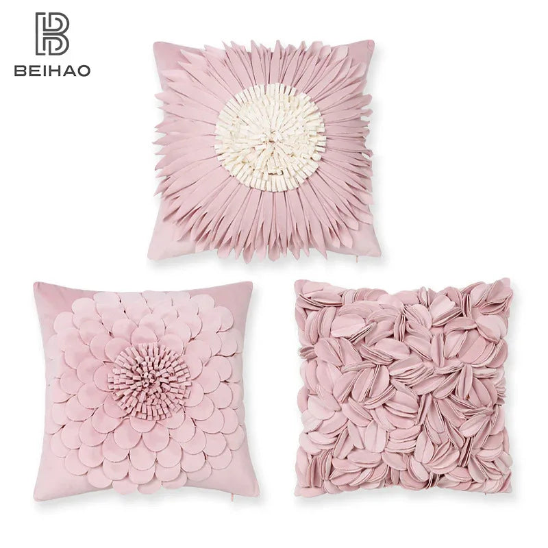 Style 2 Pink 3D Floral Cushion Covers - Modern Luxury Decorative Throw Pillow Covers for Living Room(Without Pillow Insert) - Mekamart Australia