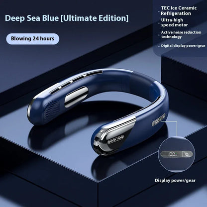 Digital Display Neck Fan - Rechargeable Portable Wearable Fan with Adjustable Speed- Blue 2400mAh