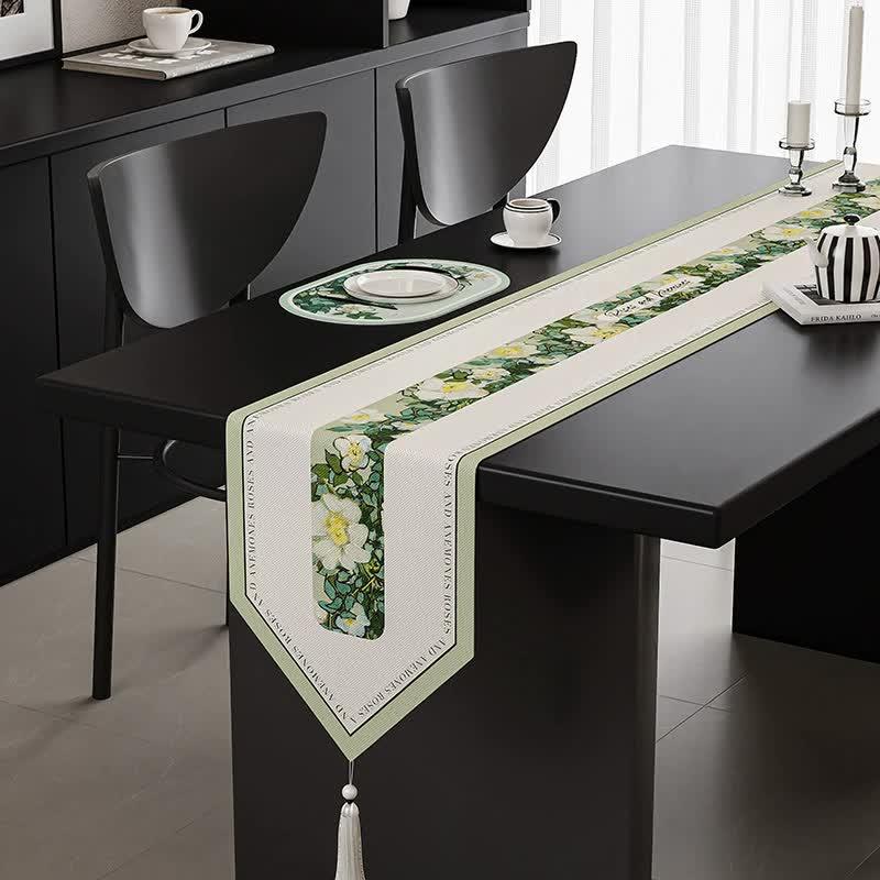 Green Elegant Green Botanical Table Runner with Tassels - 30x180cm - Mekamart Australia