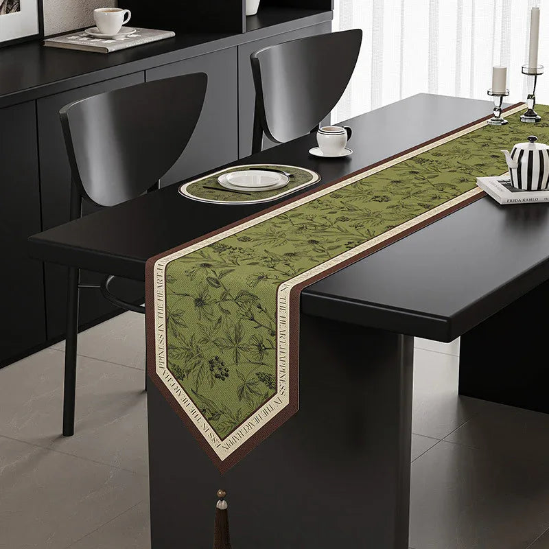 Green Elegant Green Botanical Table Runner with Tassels - 30x180cm - Mekamart Australia