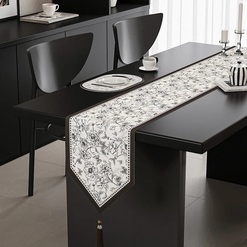 crushed Flower Elegant Green Botanical Table Runner with Tassels - 30x180cm - Mekamart Australia