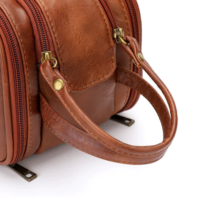 Black Vintage Leather Makeup Bag with Multi-Compartment Organizer - Travel Cosmetic Case