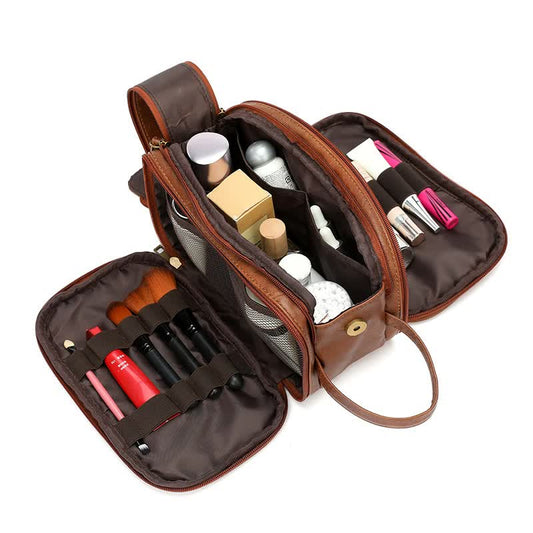 Brown Vintage Leather Makeup Bag with Multi-Compartment Organizer - Travel Cosmetic Case
