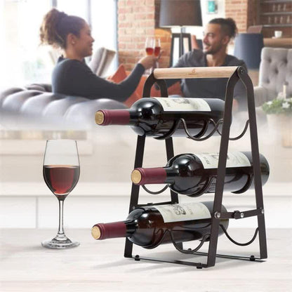 Folding Metal Wine Rack - Space-Saving 6-Bottle Storage Organizer with Wooden Handle - Mekamart Australia
