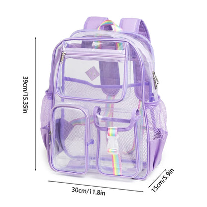 Pink Clear Transparent Backpack - Stylish PVC School Bag with Multiple Pockets