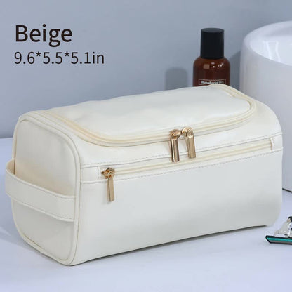 Beige Premium PU Leather Travel Toiletry Bag with Zipper Compartments