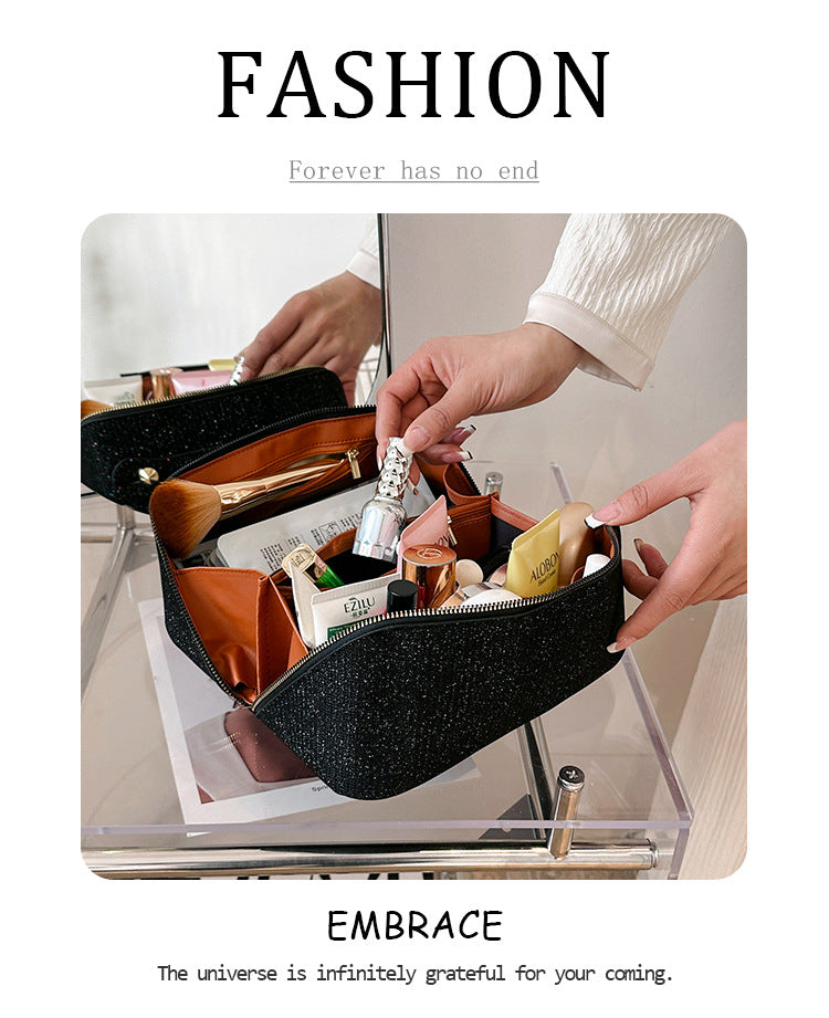 Grey Elegant Glitter Cosmetic Bag with Zipper and Handle