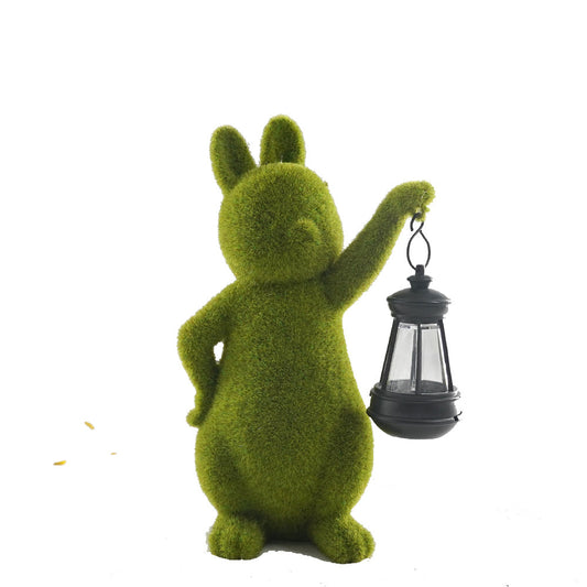 Green Solar-Powered Rabbit Statue with LED Lantern - Cute Garden & Lawn Decoration