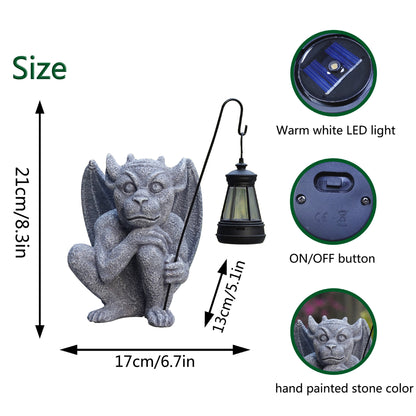 Solar-Powered Gargoyle Statue with LED Lantern – Gothic Outdoor Halloween Garden Decor