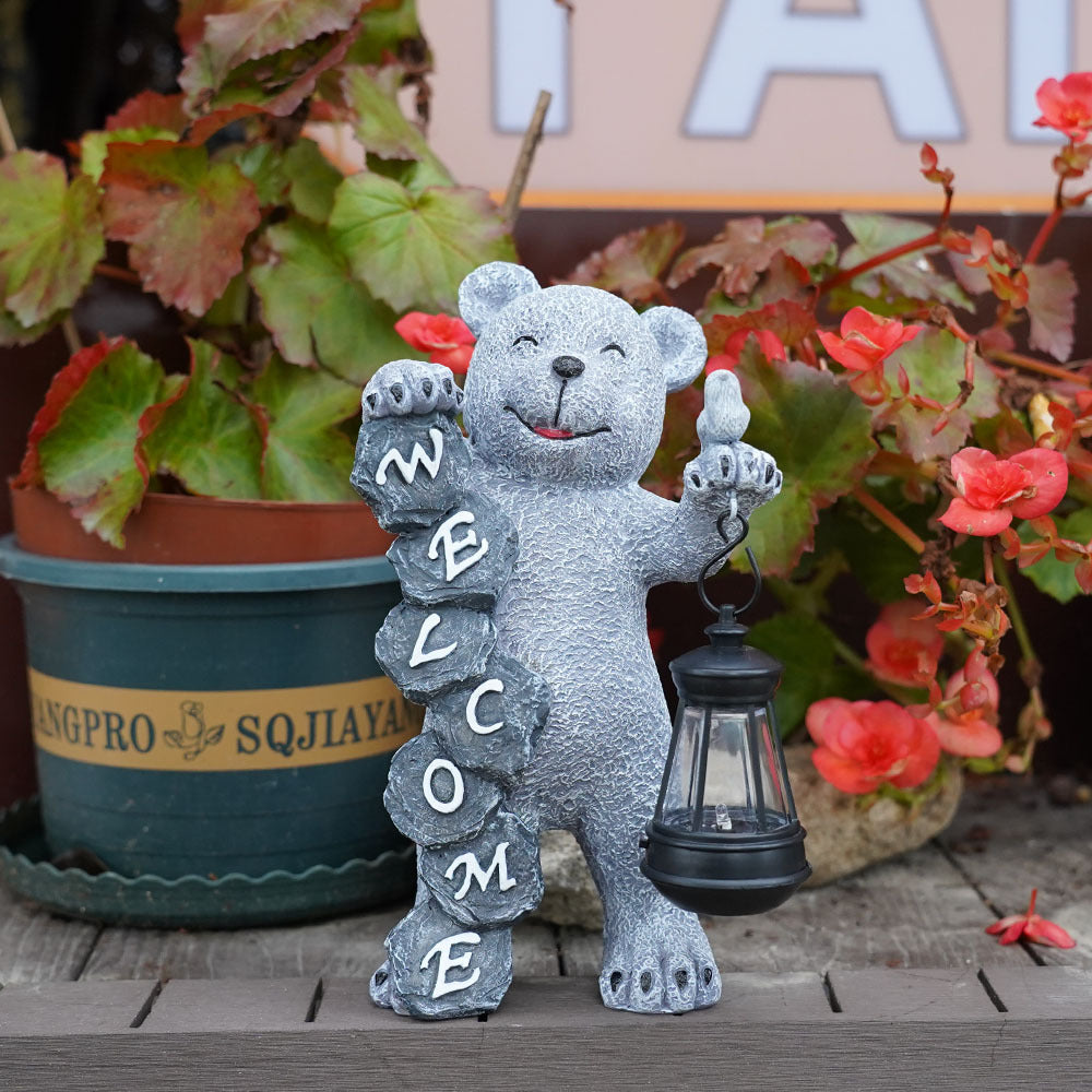 Solar-Powered Welcome Bear Statue with LED Lantern - Outdoor Garden & Patio Decor
