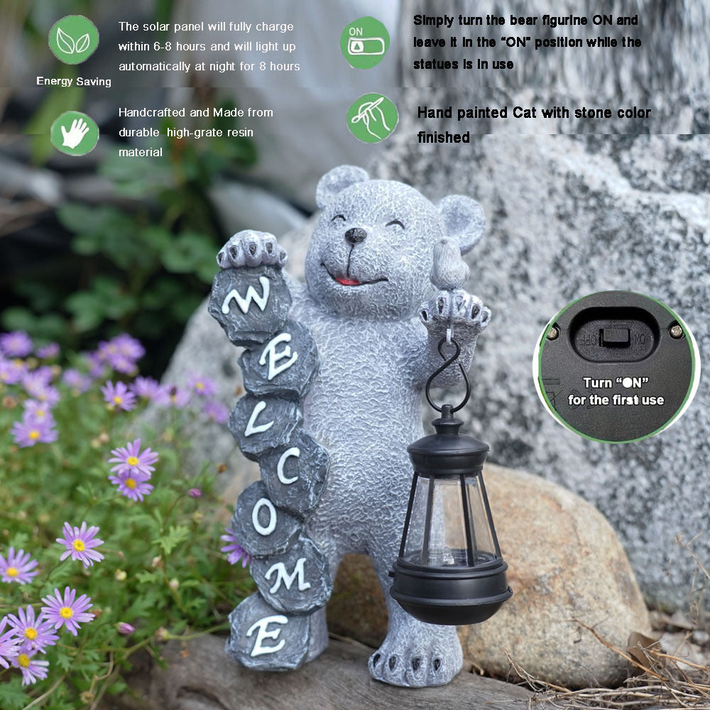 Solar-Powered Welcome Bear Statue with LED Lantern - Outdoor Garden & Patio Decor