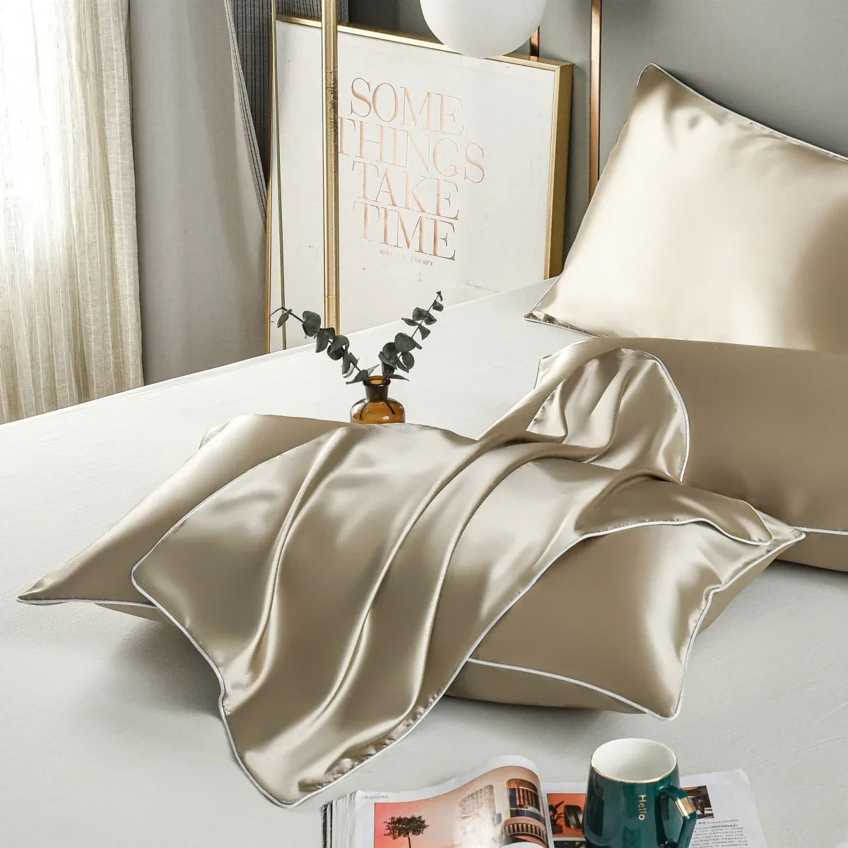 Champagne Gold Luxury Double-Sided Satin Silk Pillowcase – Summer Cooling Polyester Pillow Cover Set(Without Pillow Core) - Mekamart Australia
