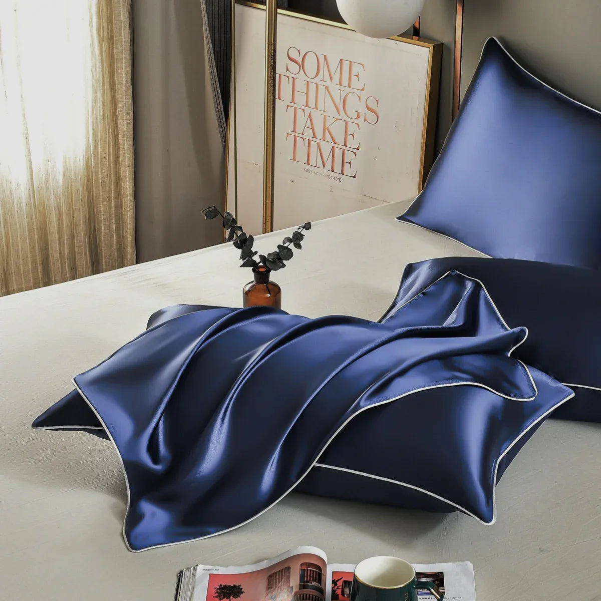 Dark Blue Luxury Double-Sided Satin Silk Pillowcase - Summer Cooling Polyester Pillow Cover Set(Without Pillow Core) - Mekamart Australia
