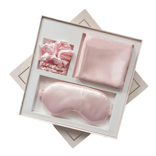 Pink Luxury Faux Silk Sleep Gift Set - 4-Piece Eye Mask, Pillowcase & Scrunchies for Relaxation & Comfort - Mekamart Australia