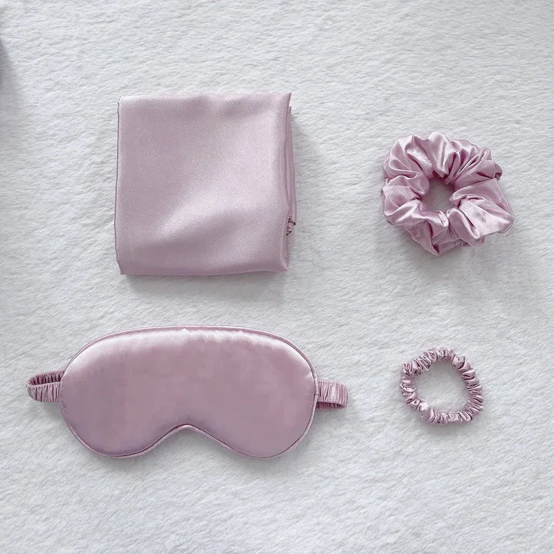 Pink Luxury Faux Silk Sleep Gift Set - 4-Piece Eye Mask, Pillowcase & Scrunchies for Relaxation & Comfort - Mekamart Australia