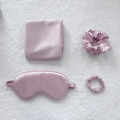 Pink Luxury Faux Silk Sleep Gift Set - 4-Piece Eye Mask, Pillowcase & Scrunchies for Relaxation & Comfort - Mekamart Australia