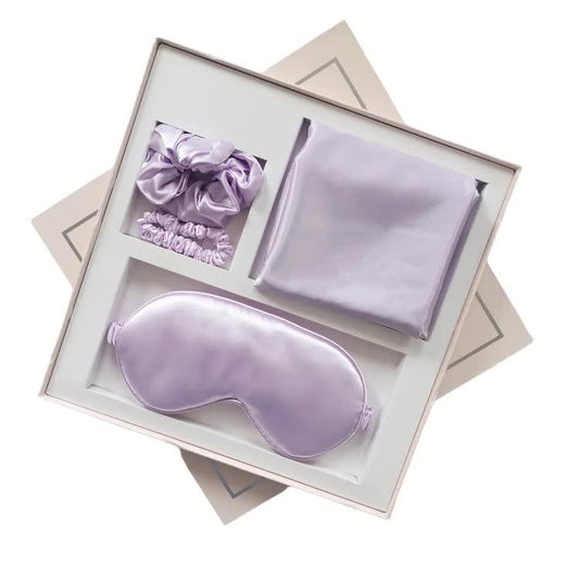 Purple Luxury Faux Silk Sleep Gift Set - 4-Piece Eye Mask, Pillowcase & Scrunchies for Relaxation & Comfort - Mekamart Australia