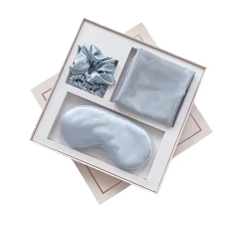 Light Blue Luxury Faux Silk Sleep Gift Set - 4-Piece Eye Mask, Pillowcase & Scrunchies for Relaxation & Comfort - Mekamart Australia