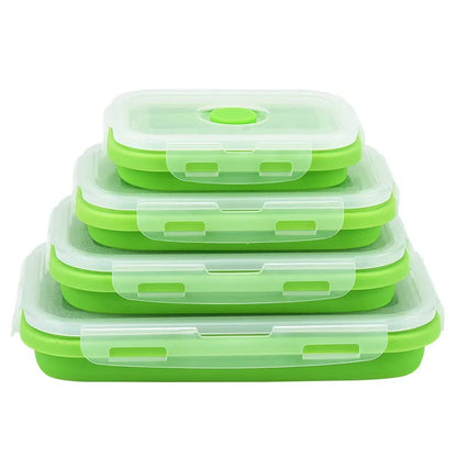 Green Collapsible Silicone Bento Box Set - 4-Piece Food-Grade Microwave & Freezer Safe Lunch Box Set