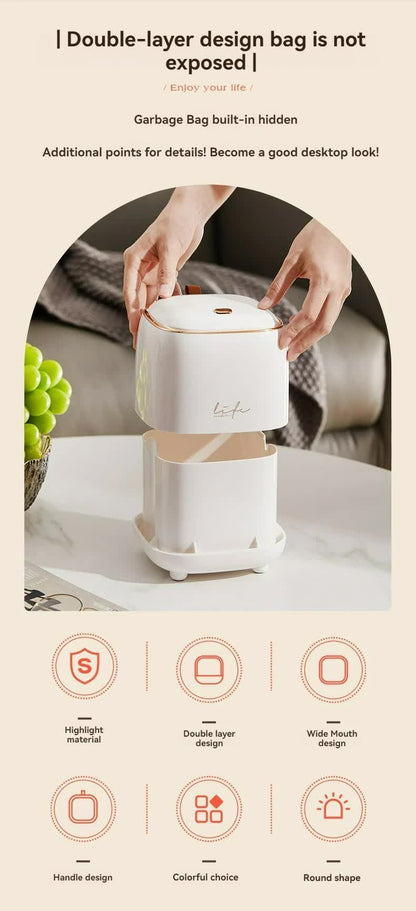 Dark Green Portable Tabletop Trash Can with Dual-Layer Design - Convenient for Desk Organization