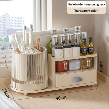 All-in-One Kitchen Countertop Organizer | Rotating Utensil Holder, Knife Block & Spice Rack with Drawer | Transparent color