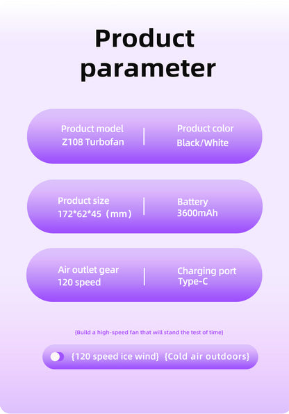 Purple Portable Handheld Fan with 120-Speed Display - USB Rechargeable Mini Cooling Fan for Outdoor Use