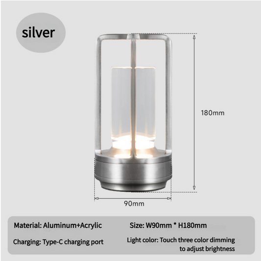 Silver Rechargeable Table Lamp - Touch Dimming 3-Color LED Light for Bedroom and Office