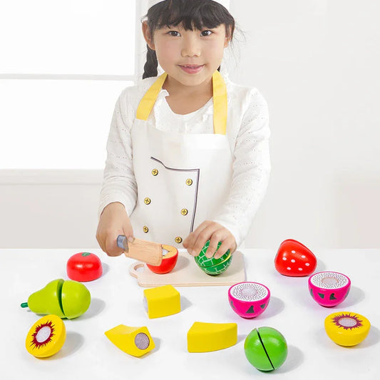 Kids Wooden Fruit Cutting Toy Set - 8 Fruits, Knife, and Cutting Board, 18x15cm Storage Container - Mekamart Australia