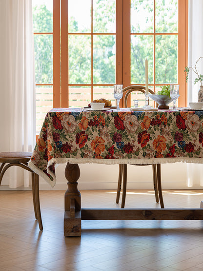 Floral Cotton Linen Tablecloth | Vintage Style Country Garden Design, 120*120cm