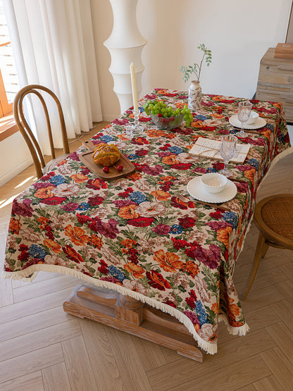 Floral Cotton Linen Tablecloth | Vintage Style Country Garden Design, 100*160cm
