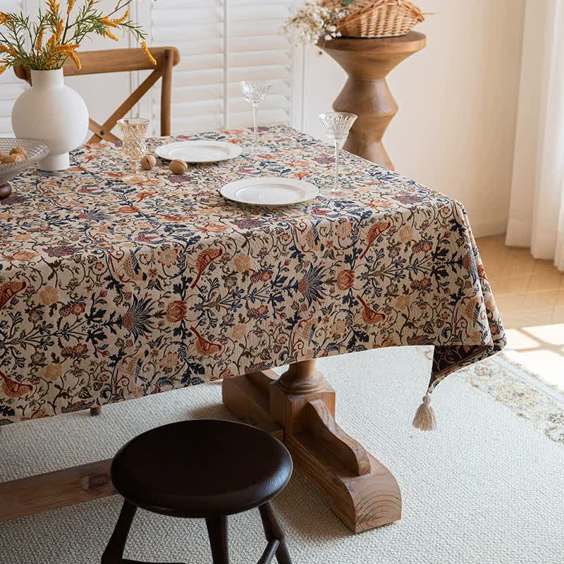 Floral Vintage Bird Tassel Tablecloth | Vintage Cotton and Linen Jacquard Tablecloth, 90*140cm