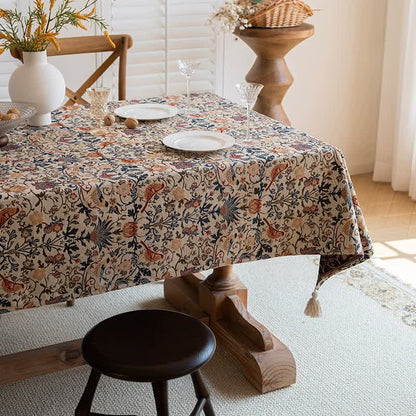 Floral Vintage Bird Tassel Tablecloth | Vintage Cotton and Linen Jacquard Tablecloth, 100*160cm
