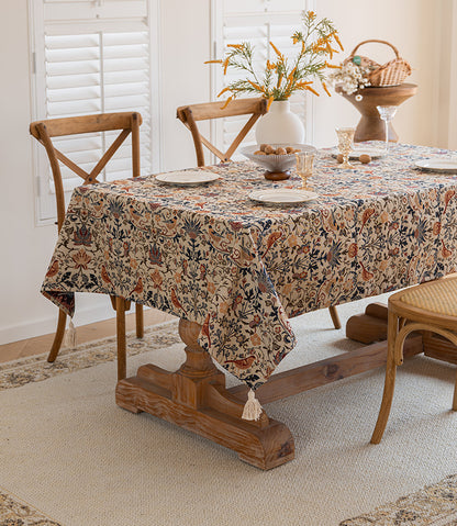 Floral Vintage Bird Tassel Tablecloth | Vintage Cotton and Linen Jacquard Tablecloth, 100*160cm