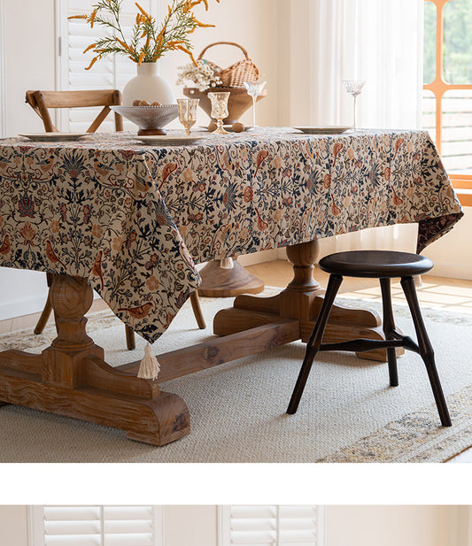 Floral Vintage Bird Tassel Tablecloth | Vintage Cotton and Linen Jacquard Tablecloth, 120*160cm