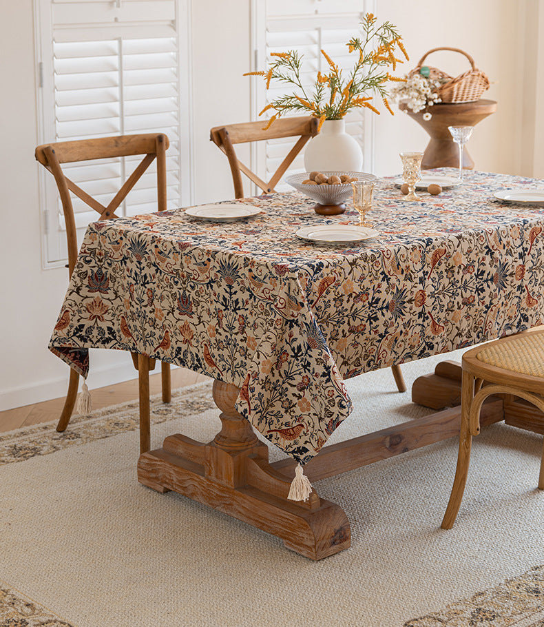 Floral Vintage Bird Tassel Tablecloth | Vintage Cotton and Linen Jacquard Tablecloth, 120*160cm