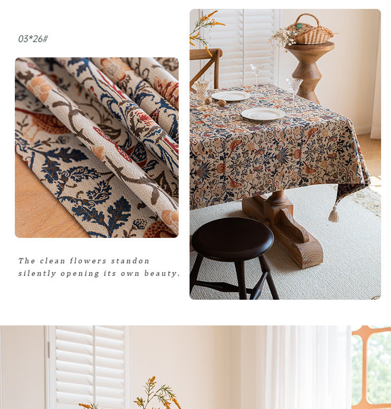 Floral Vintage Bird Tassel Tablecloth | Vintage Cotton and Linen Jacquard Tablecloth, 140*180cm