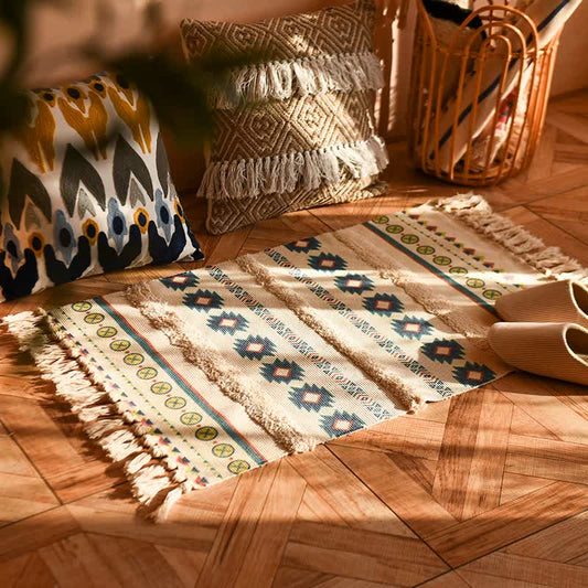 Handwoven Cotton Tassel Floor Rug for Bedroom or Living Room|Soft, Modern Geometric Design,60x90cm