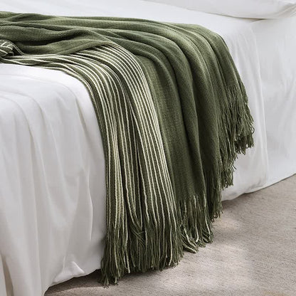 Green Cozy Knit Throw Blanket with Fringe - Stylish Striped  Bed End Cover, 127x170CM