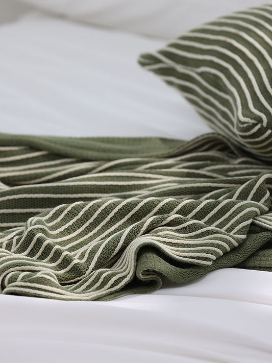 Green Cozy Knit Throw Blanket with Fringe - Stylish Striped  Bed End Cover, 127x170CM