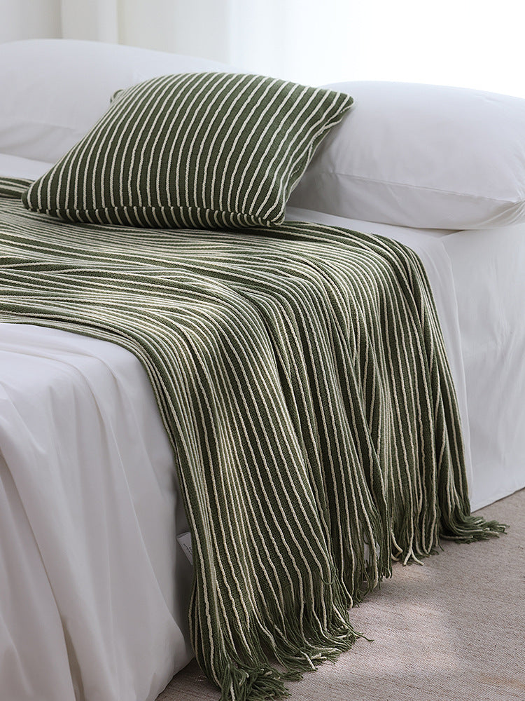 Green Cozy Knit Throw Blanket with Fringe - Stylish Striped  Bed End Cover, 127x170CM
