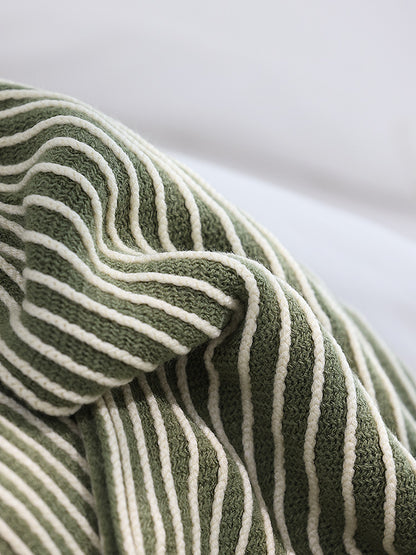 Green Cozy Knit Throw Blanket with Fringe - Stylish Striped  Bed End Cover, 127x170CM