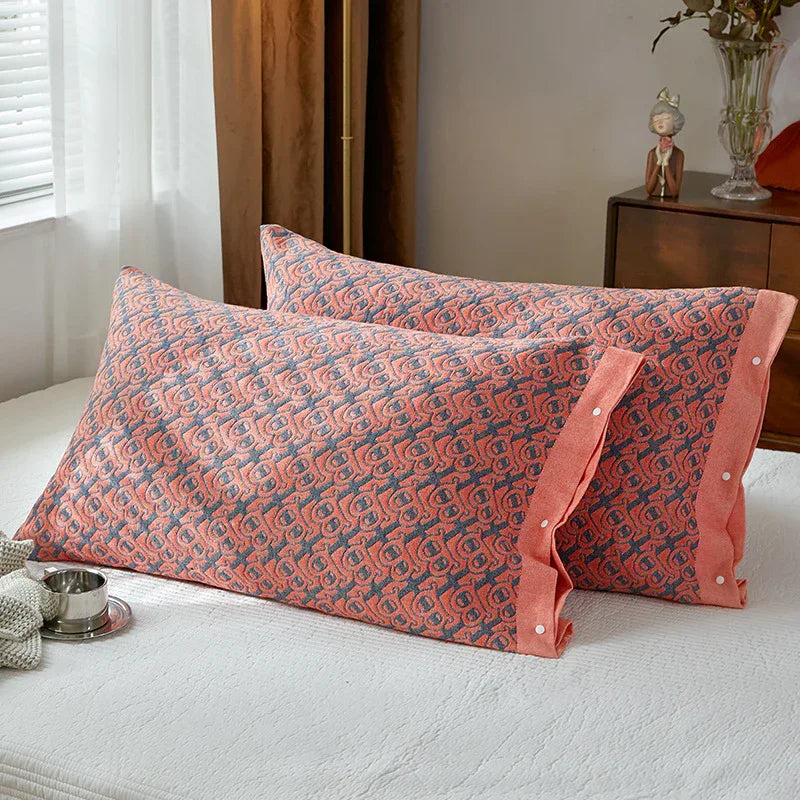 Red B pattern Snap-On Cotton Gauze Pillowcase Set - Full Coverage, Non-Slip, Easy Closure (One pair without pillow core) - Mekamart Australia