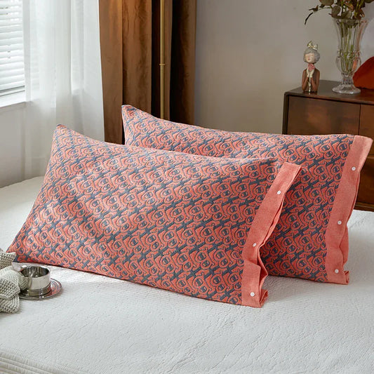 Red B pattern Snap-On Cotton Gauze Pillowcase Set - Full Coverage, Non-Slip, Easy Closure (One pair without pillow core) - Mekamart Australia