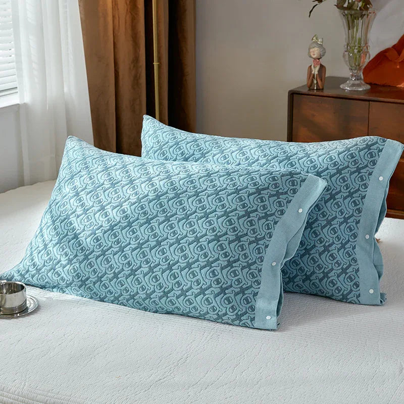 Blue B pattern Snap-On Cotton Gauze Pillowcase Set - Full Coverage, Non-Slip, Easy Closure (One pair without pillow core) - Mekamart Australia