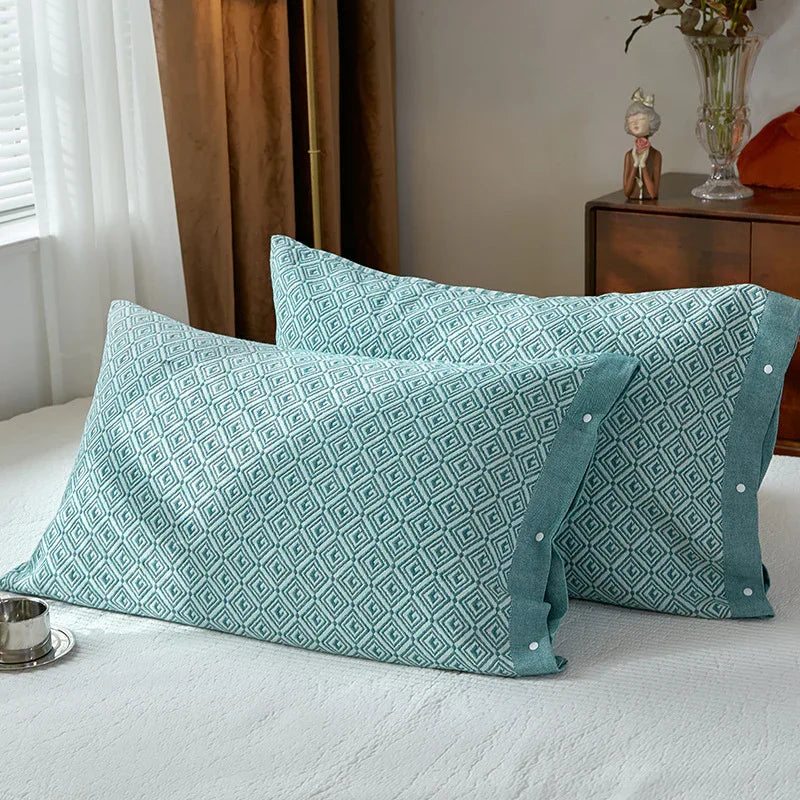 Green Prism Snap-On Cotton Gauze Pillowcase Set - Full Coverage, Non-Slip, Easy Closure (One pair without pillow core) - Mekamart Australia