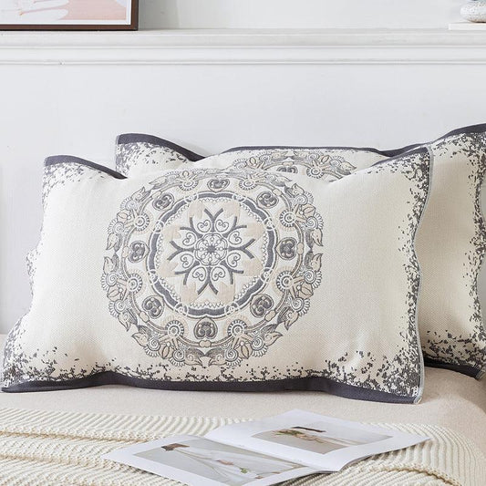 Pair of Gray Circular Pattern Tied Cotton Gauze Pillow Cover - Secure Fit, Premium Comfort (Insert Not Included) - Mekamart Australia