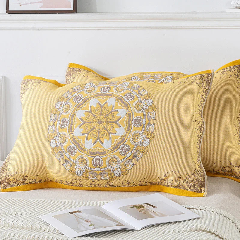 Pair of Yellow Circular Pattern Tied Cotton Gauze Pillow Cover - Secure Fit, Premium Comfort (Insert Not Included) - Mekamart Australia