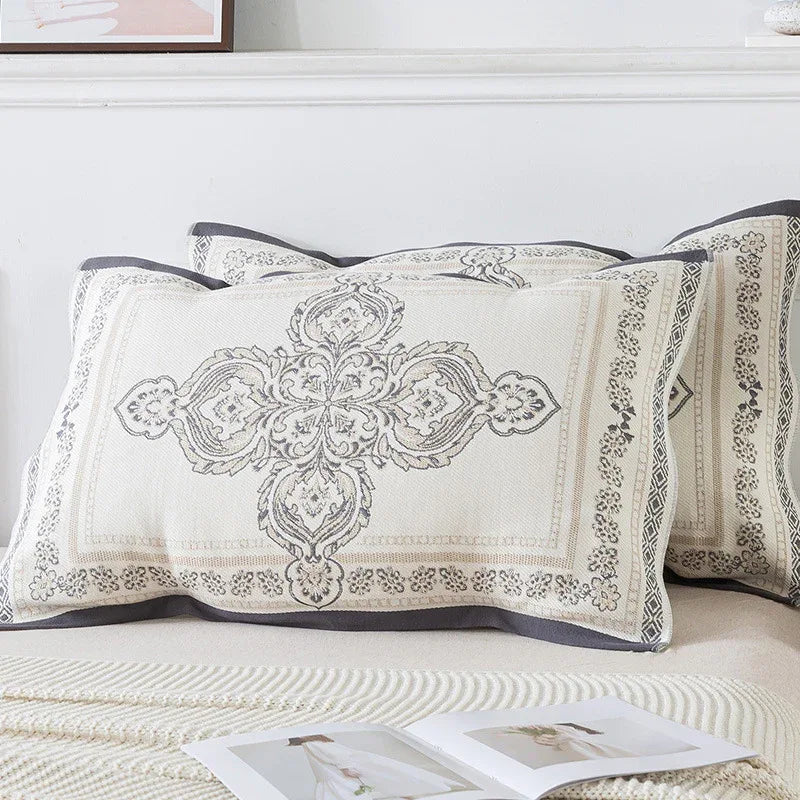 Pair of Gray pattern Tied Cotton Gauze Pillow Cover - Secure Fit, Premium Comfort (Insert Not Included) - Mekamart Australia