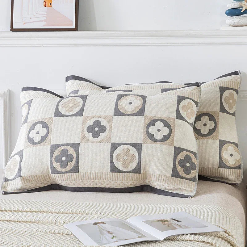 Pair of Gray Clover Tied Cotton Gauze Pillow Cover - Secure Fit, Premium Comfort (Insert Not Included) - Mekamart Australia